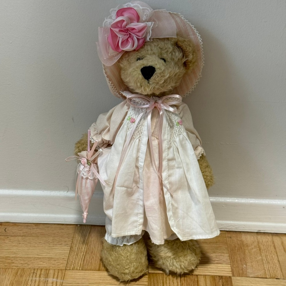 Vintage Bearly People(?) Dressed Teddy Bear Plush Pink Victorian Smocked Dress